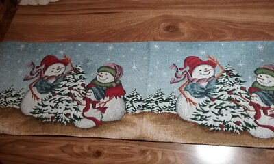 Vintage Tapestry Snowman Family Winter Scene Christmas Table Runner 72'' x 13''