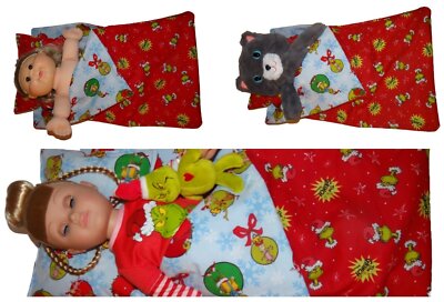 Doll Bedding Fits For 18'' American Gir Grinch Stole Christmas Sleep Sack+Pillow 
