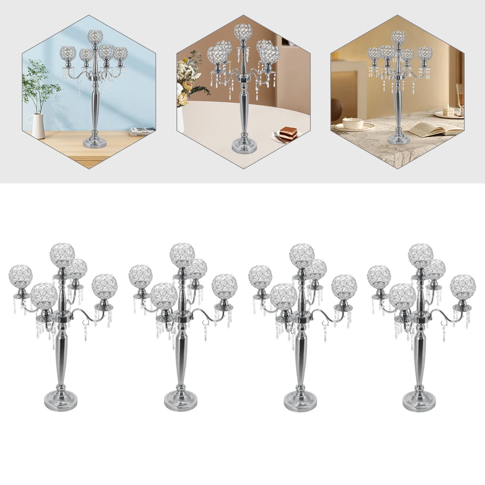4 Pcs 5 Arm Crystal Candelabra Centerpieces Silver Candle Holder Freestanding - Image 4 of 4