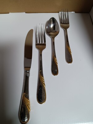 Yamazaki HILARY 4 Pc Place Setting GOLD Accent Stainless Cragg Japan Flatware