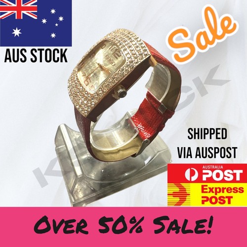 Women Ladies Trendy Gold Square Leather Wrist Watch With Rhinestones Black Red - Picture 6 of 6