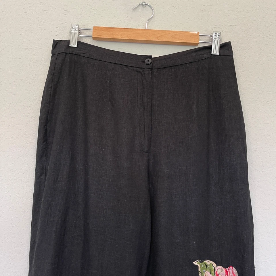 Bob Mackie 亚麻混纺短裤女式 12 码花卉刺绣黑色 — 第 2/4 张图片