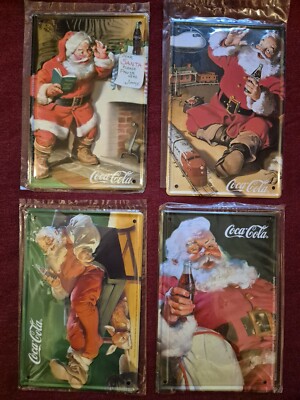 4er Set Coca Cola Weihnachtsmann-Blechschilder, 10x15cm - NEU VERSCHWEIßT 