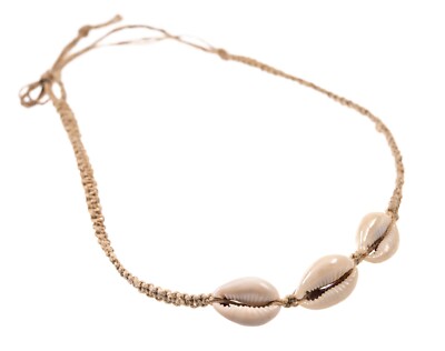 Cowrie Shell (3x) Choker Necklace on Braided Hemp Cord Adjustable Tie On