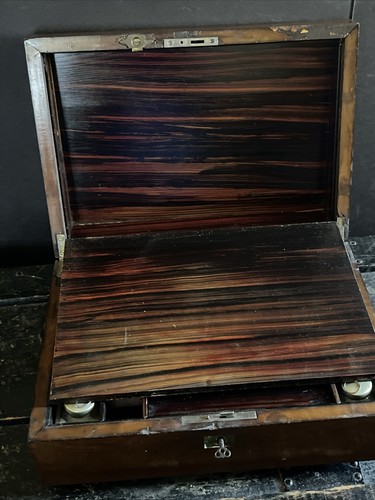 Antique Walnut w/ Brass + Wood Inlay Folding Lap Writing Desk w/Key, 2 Inkwells - Picture 21 of 22
