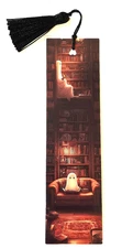 Ghosts Reading in the Library Bookmark Cozy Gothic Candlelight Design Tassel