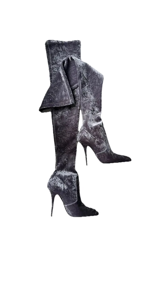 Botas de terciopelo Saint Laurent Ella 110 hasta la rodilla gris fresco, talla 41+ EE. UU. 9,5 Foto 4 de 4