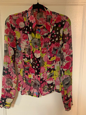 Escada Multicolor Floral Silk Blend Collared Button-Up Blouse Long Sleeve EU 34