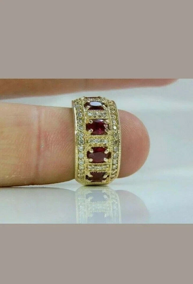 Anillo de aniversario de diamantes y rubíes naturales de corte ovalado de 3,00 quilates de oro amarillo de 14 k talla 8 Foto 3 de 4