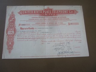 1932 The UNITED RIVER PLATE TELEPHONE Co. Debenture Stock Certificate