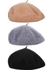 HESTYA 3 Pcs Wool Beret Hat French Style Medium, Black, Brown, Grey 