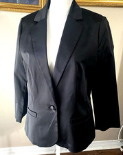 Black MNG By Mango Women's SZ Large Satin Blazer Lined One Button Tailored Fit
