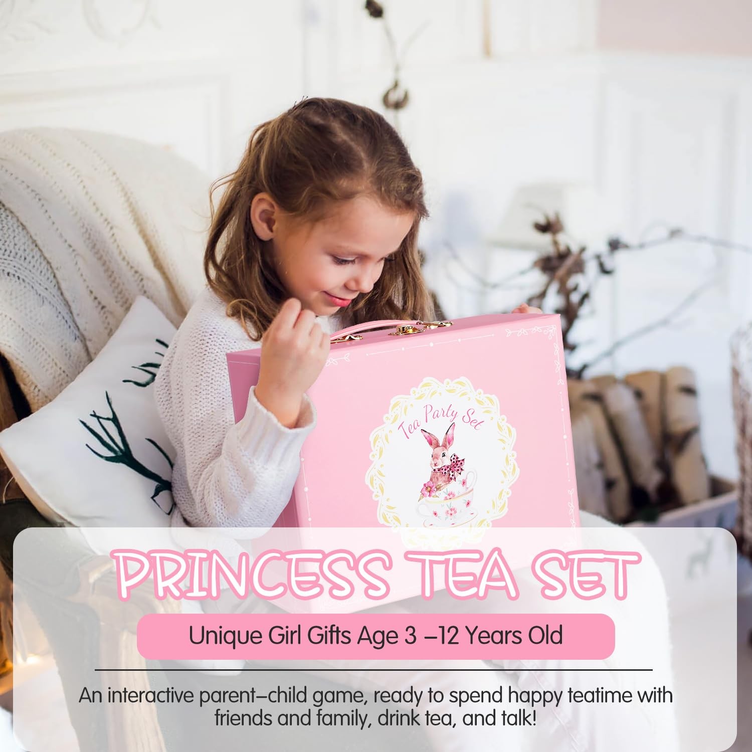 Tea Set for Kids, Ceramic Teapot  Cups, Princess Tea Party Toy Age 3+