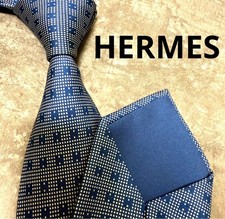 Excellent condition HERMES Tie Blue Fasone H Pattern Silk Made in France