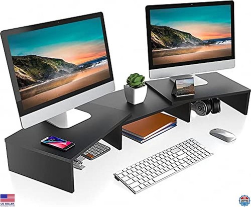 Dual Monitor Stand with 3 Shelves, Adjustable Wood Desktop Riser, Black - 第 1/6 張圖片