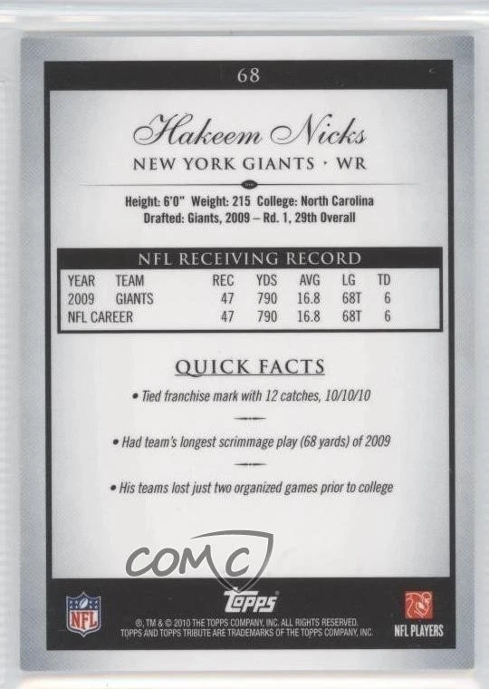 2010 Topps Tribute Black Rainbow /75 Hakeem Nicks #68 - Image 2 of 2