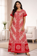 Women's 100 Cotton Floral Maxi Dress Long Nighty Bangladeshi Gown - Tomato Red