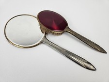 Vtg Art Deco Red Gold Tone Distressed Hand Mirror Brush Vanity Set Accessory