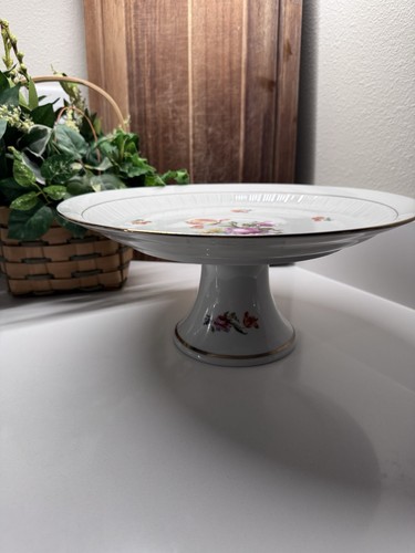 Vintage Ceramic Floral Pedestal Cake Stand, White Multicolor, 12in Round