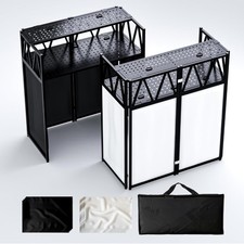 Foldable DJ Booth Table Stand with Adjustable Height White Black Scrim Facade