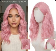 18  Light Pink Wavy Wig   Medium Length Synthetic Hair with Middle Part