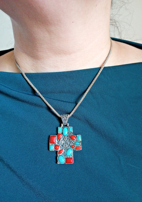 Cross genuine Corals Turquois & Popcorn chain SS 925 boho faith 18 in TW 24.5gr