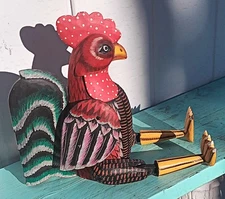 SHELF SITTER vtg mexican folk art rooster chicken kitchen farm decor carved wood