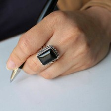 Solid 925 Sterling Silver Cushion Natural Black Onyx Gemstone Handmade Ring