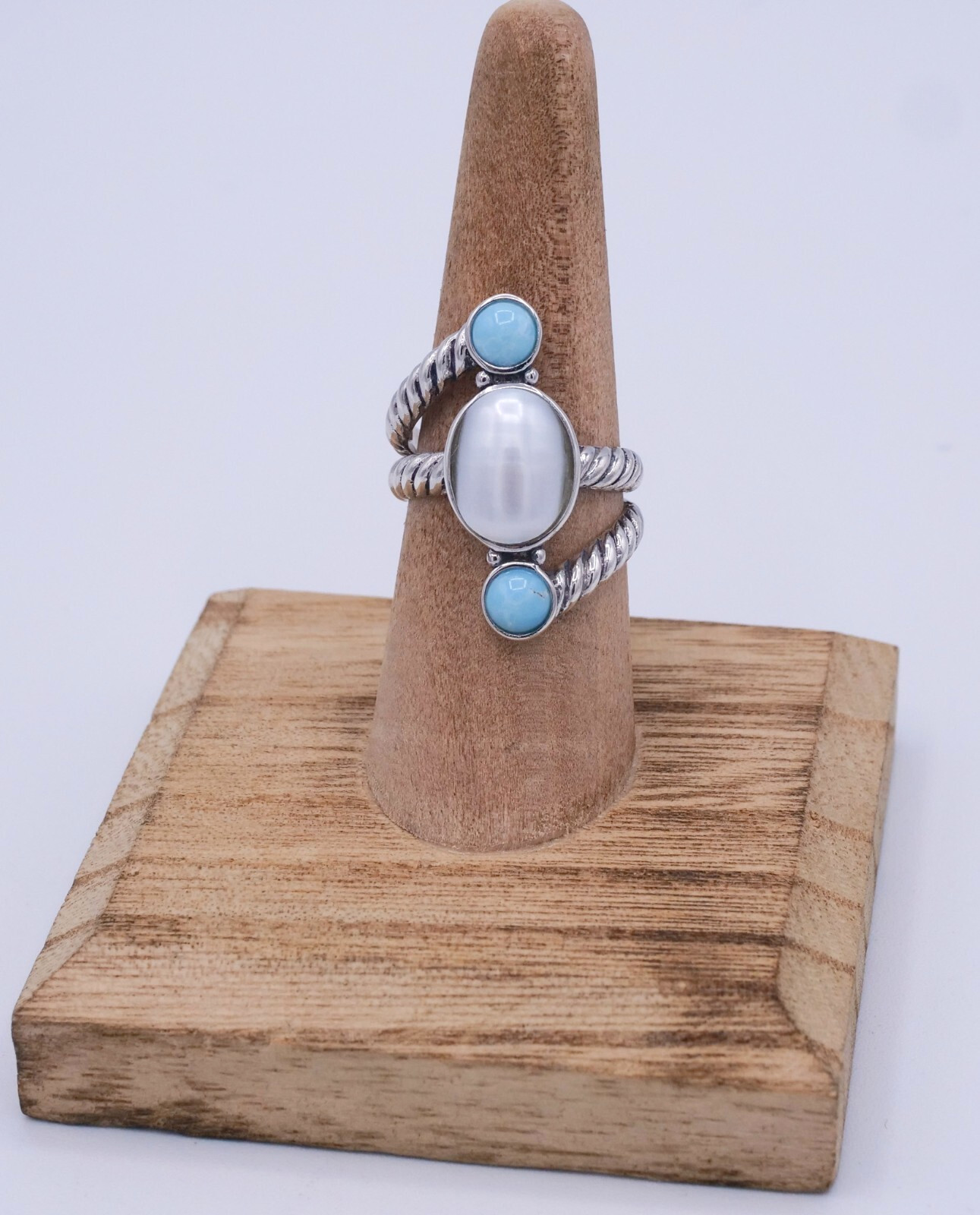 Sterling Silver 925 MODA Pearl & Larimar Bypass Rope Design Ring Size 8