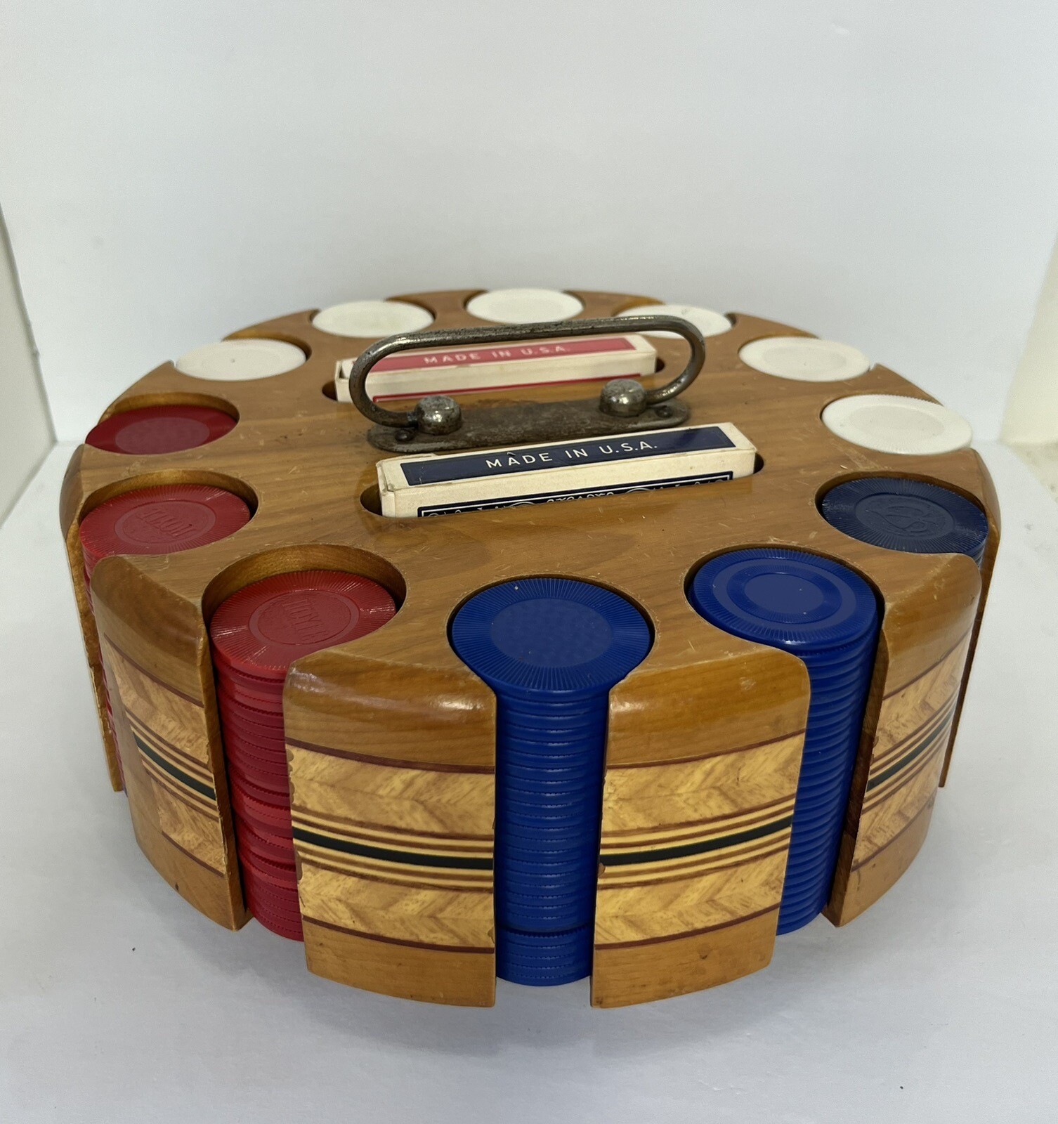 Vtg Wood Poker Chip Caddy W/ Case Carousel Spinner Plastic Chips w/ 2