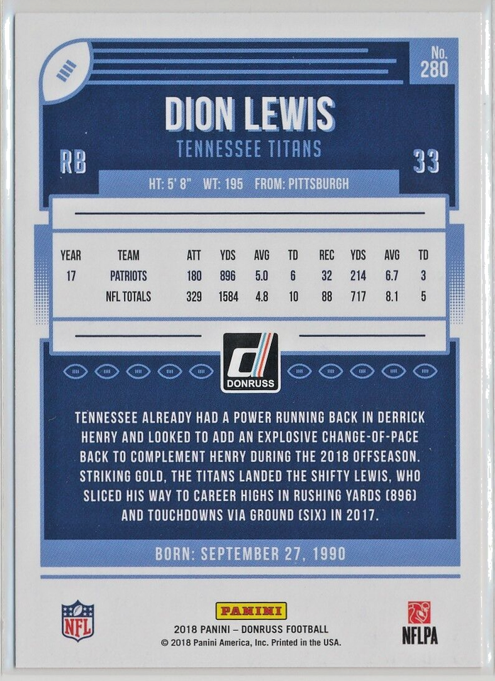 2018 Panini Donruss - Dion Lewis - Tennessee Titans - RED - #280 | eBay