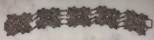 Four Panel Bracelet Sterling Silver Wide Floral Rose Vintage