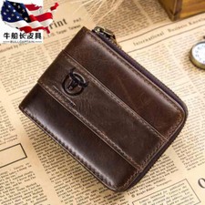 RFID BULLCAPTAIN Men's Real Genuine Leather Zipper Around Card Slots Coin Wallet