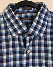 Peter Millar Men  s XL Plaid Shirt Blue Brown 100 Cotton   Excellent Condition
