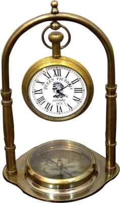 Vintage Brass Desk Clock with Functional Maritime Compass Nautical Office Decor