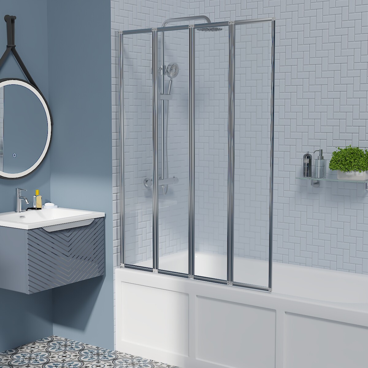 Bathroom 4 Panel Folding Pivot Bath Shower Screen Chrome 4mm Glass Door 1400mm