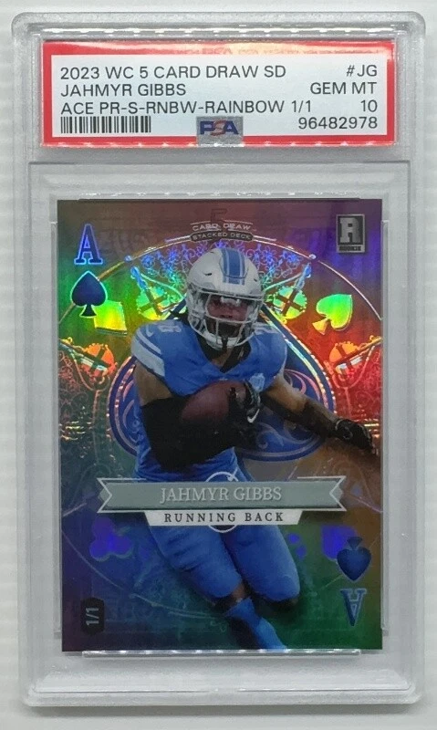 Jahmyr Gibbs Wild Card 5 Card Draw Stacked Deck Ace Promo #JG Heart-Mosaic Foil-Blue