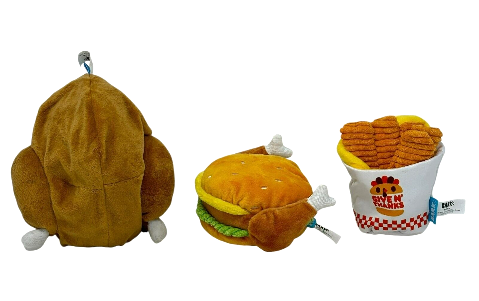BARK BOX Lot 3 Thanksgiving Plush Squeaker Toys Turkey Sandwich Fries Crinkle
