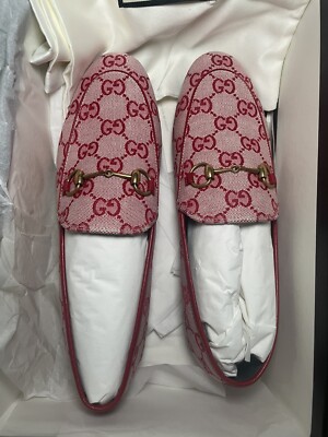 Gucci Jordaan Horsebit GG Supreme Monogram Canvas Leather Trim Loafers Size  38 W