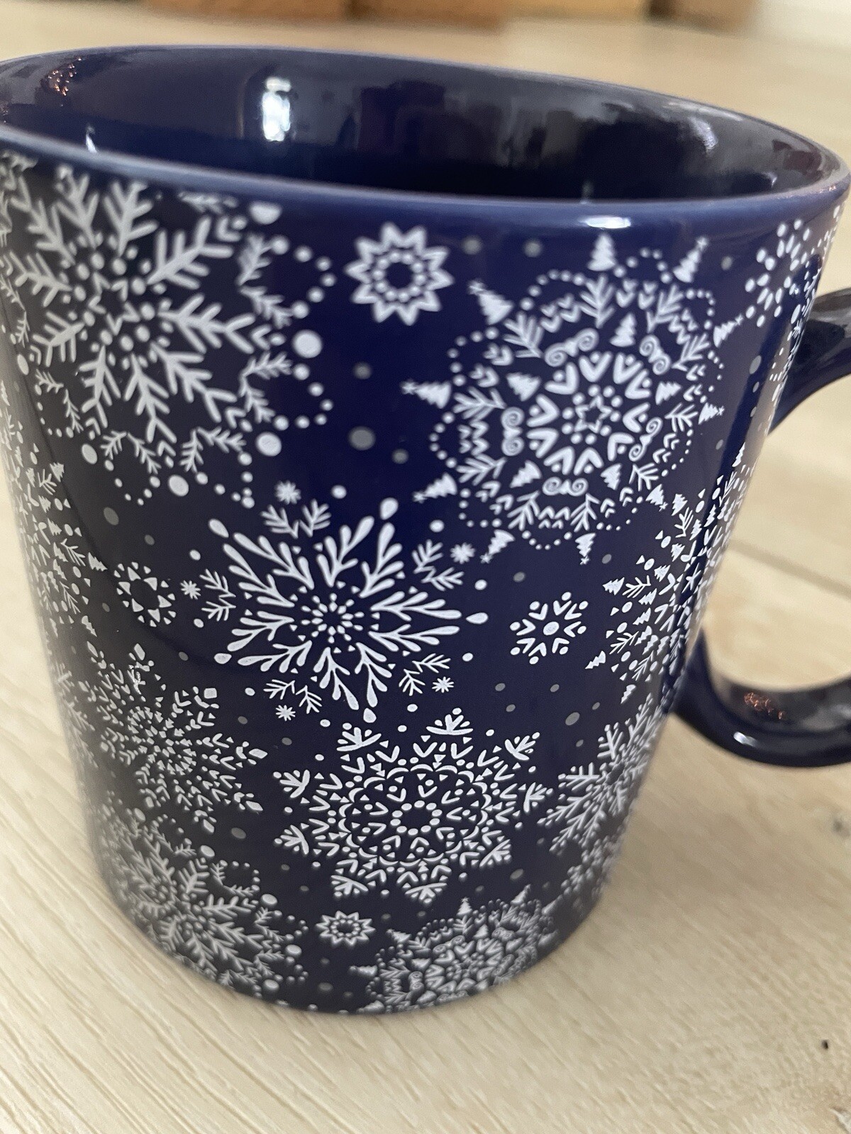 NEW Chic & Tonic Blue Mug Cup Winter Ceramic 16 oz White Snowflakes Christmas