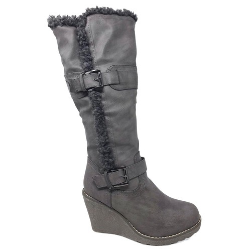 Womens Knee High Boots Mid Wedge Heel Fur Lined Zip Warm Cowboy Shoes UK Size - Picture 20 of 63