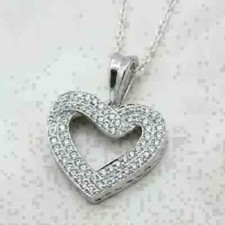 2Ct Round Cut Diamond Cluster Heart Pendant 14K White Gold Finish Free Chain