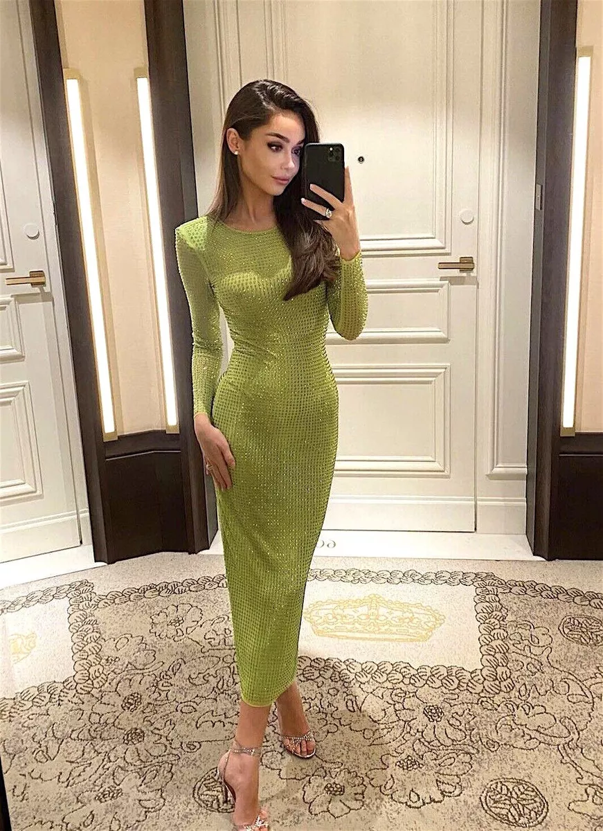 SELF-PORTRAIT GG Hot Fix Green Crystal Embellished Stretch Midi Dress Sz  4/UK8