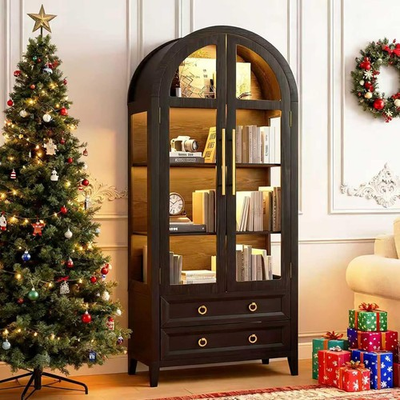 #ad #ad Gurexl 71quot; Tall Arched Storage Cabinet with Glass Doors and Drawers LED Lights $223.99