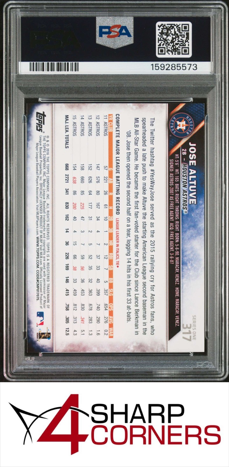2016 TOPPS #317 JOSE ALTUVE ASTROS PSA 10 view 2