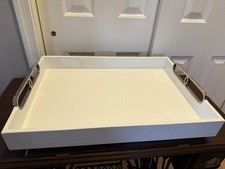 💙ETHAN ALLEN LEATHER SERVING DECOR TRAY 24” WHITE WITH CHROME HANDLES MSRP $320