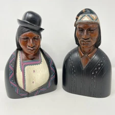 Mahogany Carved Wood Busts Statues Native American set of  2 Signed J Ramirez 9"