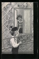 Ansichtskarte Mann in Tracht mit Leiter beim ...