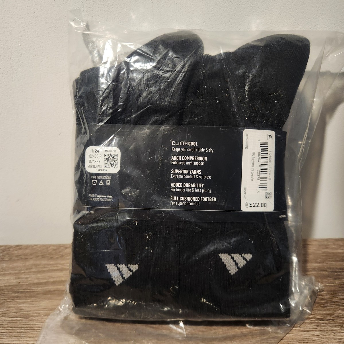 Adidas Men's Crew Socks, Size Medium (Men's 5-8), Black, Pack Of 6