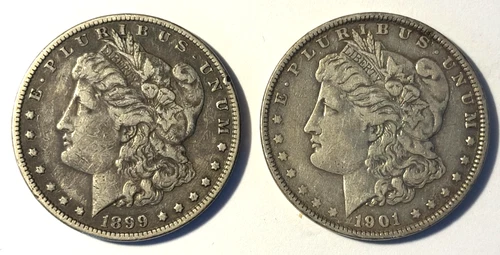 1899 & 1901 Morgan Silver Dollars (2) VF-XF Coins, Free Shipping!